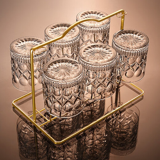 FANKAQI French high-looking whiskey glass home glass water glass set European style carved foreign wine glass 6 carved + heart gold cup holder 280ml