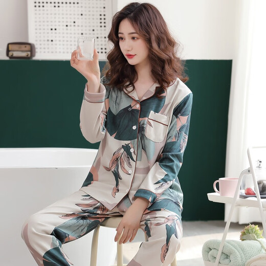 Qianzhiya (QIANZHIYA) pure cotton pajamas women's middle-aged women's home clothes autumn long sleeve suit floral large size loose lapel home clothes XRC-20-9906# Women's L/165