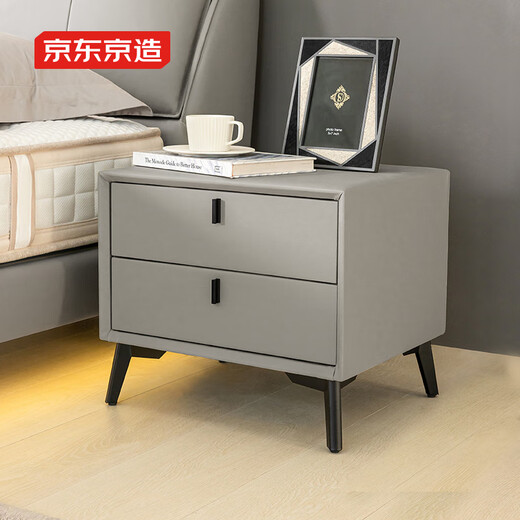 Beidao Bedside Table Made in Tokyo, Modern Light Luxury Style Leather Art Wrapped Large Capacity Double Drawer Storage Cabinet Bedroom Storage Cabinet