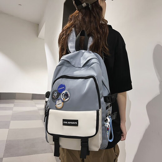 Double Star Schoolbag Men's Backpack Backpack Women's Korean Version Junior High School High School College Student Large Capacity Water-Repellent Laptop Blue Large Pendant + Badge