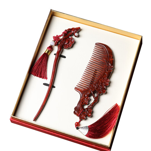Meng Junchen Small Leaf Rosewood Hairpin Mahogany Peach Blossom Drunken Plum Blossom Hairdressing Comb for Girlfriend’s Birthday and Valentine’s Day Gift Set Peach Blossom Drunken (comb + Hairpin) Gift Box Set