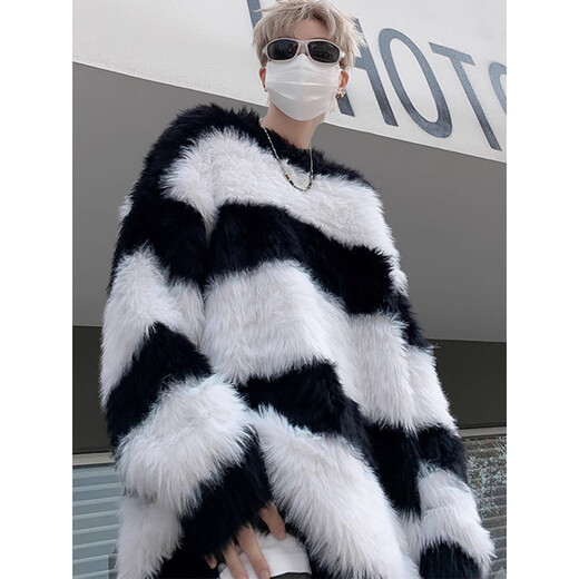 7家优品秋冬水貂绒条纹毛衣男圆领套头休闲潮牌韩系学生百搭青少年针织衫 XCS-7174白色 XL