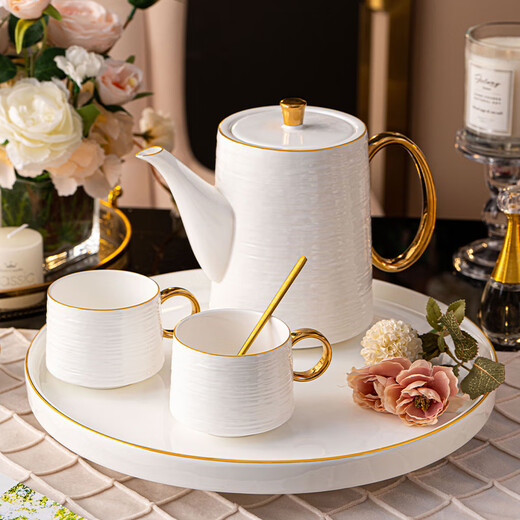 Hanming European high temperature resistant tea set Jingdezhen ceramic water set teapot living room home housewarming gift cup set 8-piece set/with rotatable tray gift box