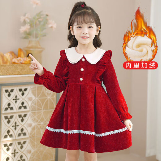 Anneyol Girls' Dress Autumn 2025 New Autumn Clothes Little Girls Autumn and Winter Skirts Children's Fashionable Girls' Clothes Princess Skirt Red Velvet 130