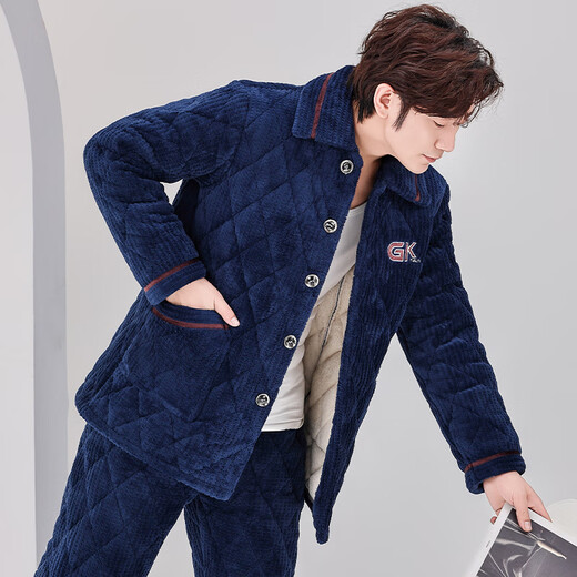 Xuanduoqi Herren-Pyjamas im Herbst und Winter eingedickt und Samtkoralle Velvet Dreischichtige Baumwolle warmes und junges Heimkleidungsstück im Winterstil C9902# Blau Männer [Milchvelvet] xxxl (165-200jin [Jin gleich 0,5 kg]) Drei-Layer-Verdickte verdickt