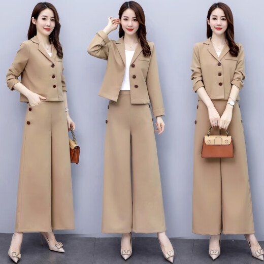 Yaya Clothing yaya casual pants for women 2020 women's summer new suit fashionable and age-reducing slimming artistic temperament wide-leg pants for women two-piece suit for women khaki color please choose the correct size