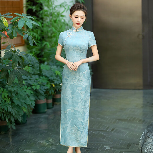 Gu Wainian silk cheongsam long new improved silk jacquard cheongsam high-end temperament slim mulberry silk dress blue M