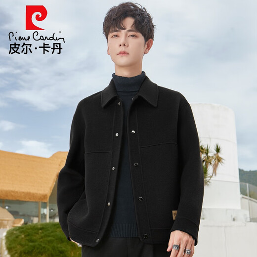 皮尔卡丹休闲羊毛呢子男士夹克外套春秋季高级感短款双面呢男装上衣 灰绿色 L 175
