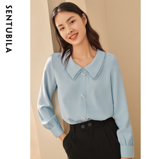 Shandubila long-sleeved women's shirt spring and autumn new style small lace doll collar professional style chiffon pearl button top light gray blue M