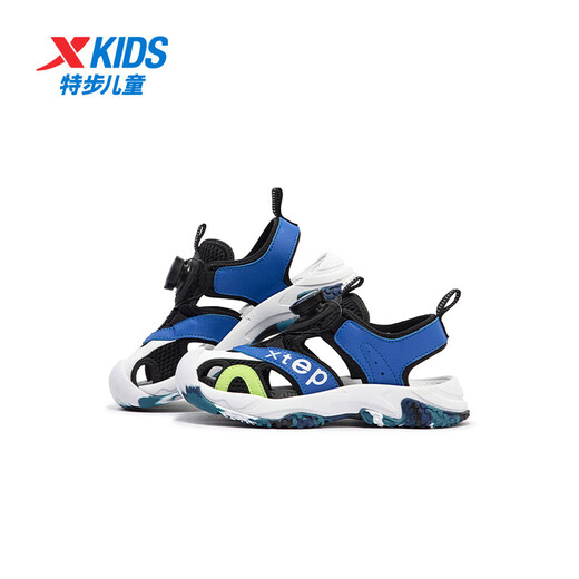 Xtep Children's Sports and Leisure Sandals Summer New Baotou Sandals Swivel Buckle Beach Shoes Black/Caique Blue 38