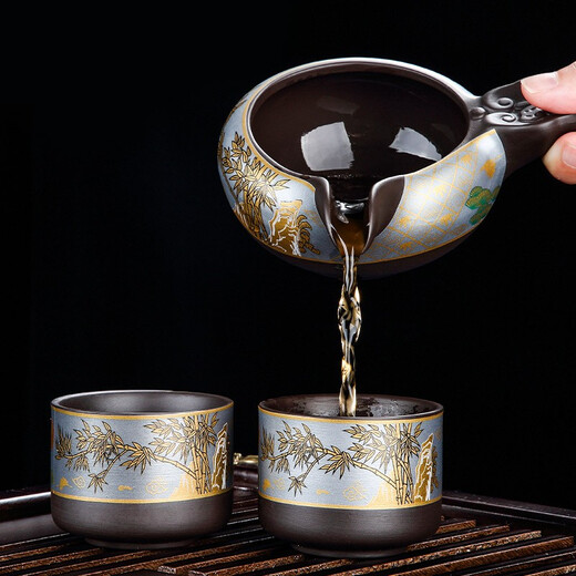 Tangfeng (TANGFENG) purple sand automatic tea set for home small set retro teapot teacup office hospitality tea making artifact complete set purple sand bamboo rhyme automatic set with 8 cups