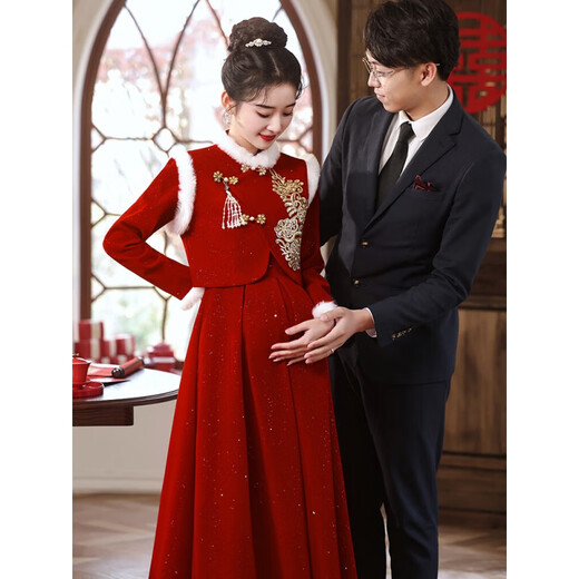 Weixuan New Chinese Style Toast Clothes Engagement Clothes Women Small Winter Pregnant Women Belly Covering Large Size Fat mm Outing Banquet Dress Skirt S