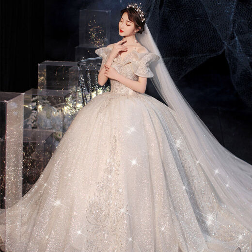 Queen's light luxury high-end forest starry sky light wedding dress with tail 2020 new bridal temperament French elegance Hepburn shoulder-length floor-length fairy dreamy fashion simple floor-length L