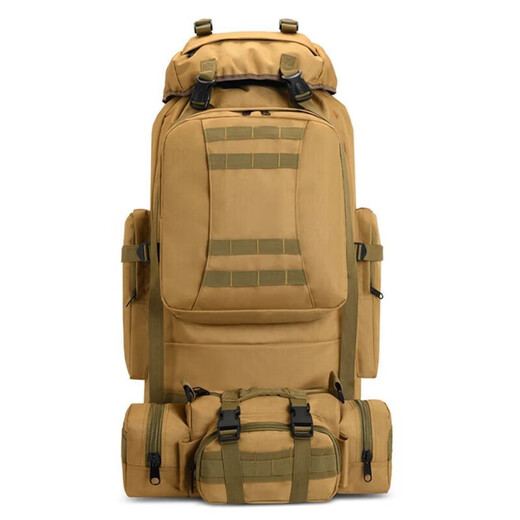 Camouflage backpack, military fan backpack, outdoor travel camping backpack, 80L combined large-capacity mountaineering bag, khaki backpack
