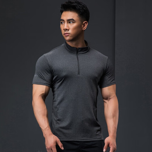Lutie Dog Fitness Wear Short Sleeve Men's Stand Collar POLO Slim Fit Muscle Showing Quick Drying Breathable High Elasticity Coaching Wear T-Shirt Black XXXL