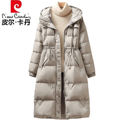 Pierre Cardin 2025 Winter New Down Jacket Women's Korean Style Belted Mid-Length Long Over the Knee Hooded Waist White Duck Down Warmth Beige S Recommended 80-125 Jin Jin equals 0.5 kg