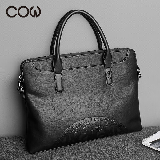 
French COW briefcase men's shoulder bag men's handbags fashion business large capacity single shoulder crossbody computer bag C-9898 black