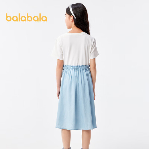 Balabala girls summer dress children's dress big children's fake two-piece sweet printed style skirt denim light blue 88101 130