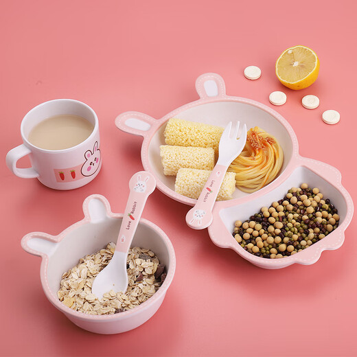 Babybird New Children's TableWares Set 5-teilig kreatives umweltfreundliches Bambusfaser Bambuspulver Baby Plaid Teller Kindermahlzeit Schüssel Löffel