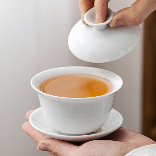 Gold inlaid jade travel tea set, mutton-fat jade porcelain household ceramic white porcelain with tea tray and bowl set, gift Kung Fu tea set, Leshui mutton-fat jade porcelain set