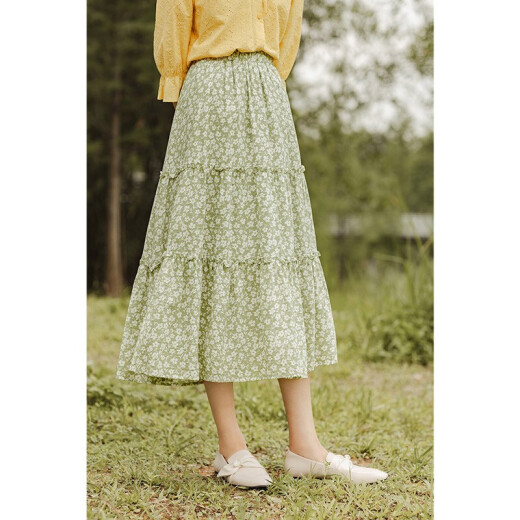 INMAN midi skirt fresh floral elastic waist lady pastoral style cake skirt versatile literary umbrella skirt female primrose green L