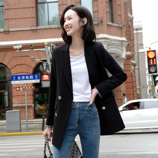 【5个色】昂柏网红西装外套女气质宽松韩版休闲中长款上衣新款春秋职业女装通勤OL百搭小西服 687单件黑色小西装 XL