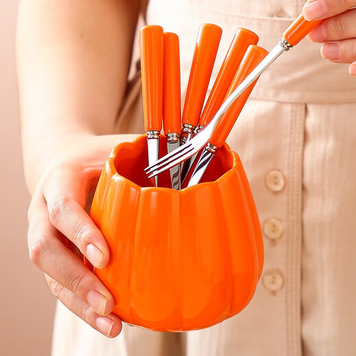 Durable fruit fork, household stainless steel fruit picks, dessert fork, coffee spoon set, storage fork, creative light luxury style, 1 can + 6 forks, avocado green