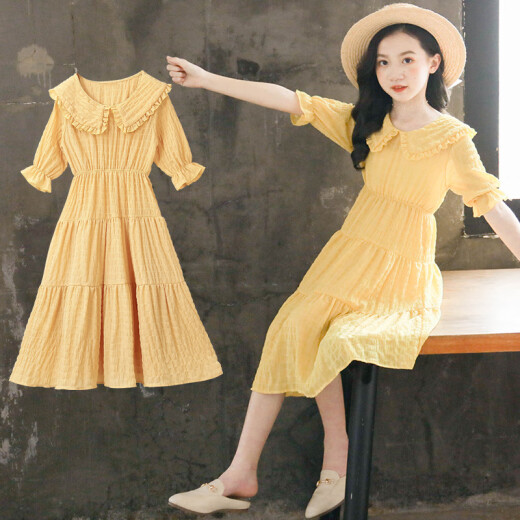 Jimmy Little Good Brand Children's Clothing Girls Dress Summer 2020 Summer Clothes Children's Clothing Internet Celebrity Style Princess Skirt Summer Long Skirt for Big Children Girls Yellow 150 Recommended height is about 145cm