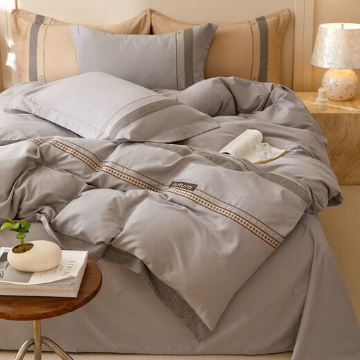 Mercury series home textiles Class A pure cotton thickened four-piece set 100 cotton brushed houndstooth embroidered quilt cover high-end bedding Hot style Class A pure cotton thickened/houndstooth-khaki gray 1.8 bed style four-piece set-quilt cover 200x230
