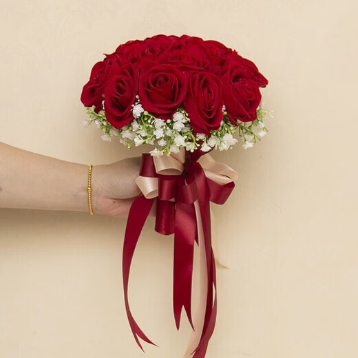 米黛蕾手捧花结婚diy感 结婚捧花仿玫瑰花韩式婚礼花束婚纱照拍摄 24朵酒红