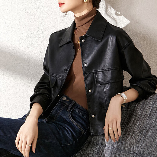 Shandubila is capable and handsome, classic versatile lapel pocket design motorcycle jacket women's leather jacket black S