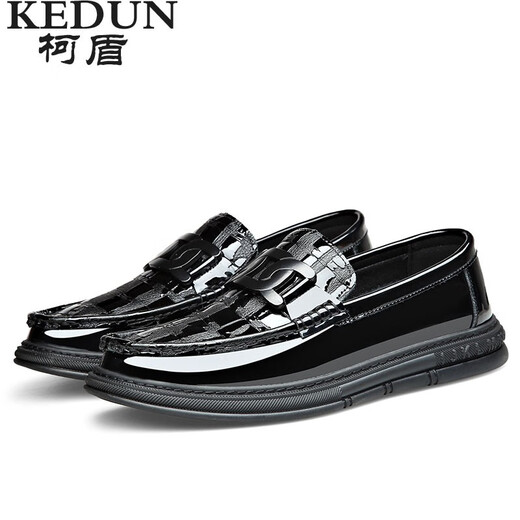 KEDUN Spring and Summer Peas Shoes Men's Genuine Leather Soft Sole Lazy Slip-on Men's Business Casual Leather Shoes Glossy Height-increasing Men's Shoes Black (Flat Heel) 42