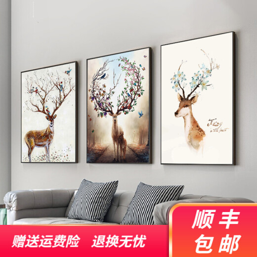 Tianbaifu living room decoration painting sofa background wall decoration painting living room Nordic elk mural modern minimalist bedroom hotel hotel triple hanging painting restaurant meter box landscape painting S1330*50cm triple