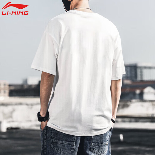 Li Ning (LI-NING) short-sleeved T-shirt men's summer trendy printed couple style half-sleeved loose casual breathable round neck pure cotton sports T-shirt