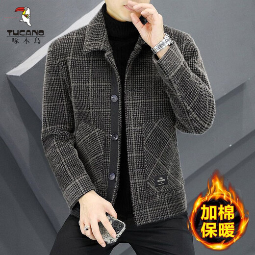 Woodpecker (TUCANO) Woolen Jacket Men's 2025 New Lapel Casual Jacket Autumn and Winter Business Woolen Tops Plus Velvet Thickened Trendy Khaki Thickened Velvet 2XL Recommended 130-145Jin Jin equals 0.5 kg