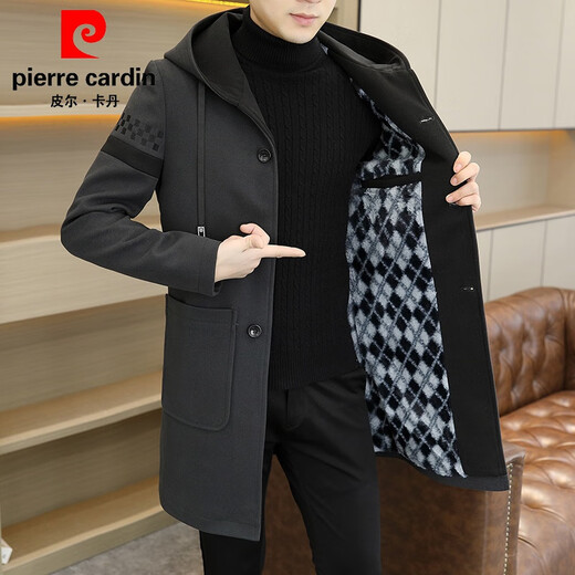 Pierre Cardin windbreaker men's mid-length velvet thickened woolen coat 2024 autumn and winter new woolen coat large size hooded top Khaki M
