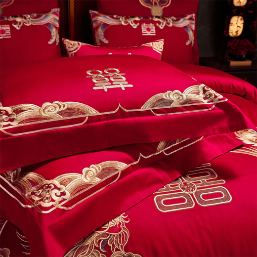 Suozhen 2024 wedding room bed four-piece set pure cotton red embroidery wedding set newlywed wedding eight-piece set dragon and phoenix congratulations 1.8 meters bed style four-piece set