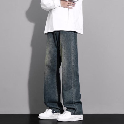 MAYBEYOND jeans men's American fashion brand high street workwear straight pants loose casual wide leg pants MA46 blue XL