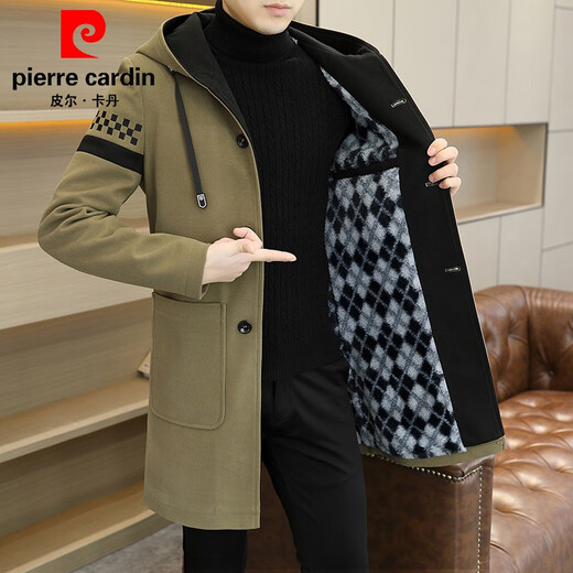 Pierre Cardin windbreaker men's mid-length velvet thickened woolen coat 2024 autumn and winter new woolen coat large size hooded top Khaki M