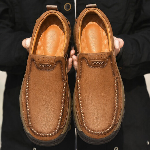 Dilochi men's toe-layer cowhide men's work shoes men's genuine leather British men's casual outdoor casual leather shoes large size shoes men's khaki 41