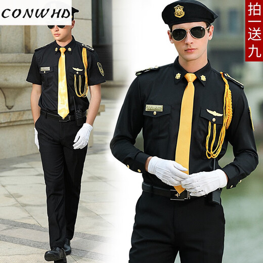Conwhd concierge clothing sales department security shirt suit spring and summer high-end hotel image booth security work clothes short lining + pants + 9 accessories - big cap - gold 2 bars L