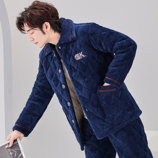 Xuanduoqi Herren-Pyjamas im Herbst und Winter eingedickt und Samtkoralle Velvet Dreischichtige Baumwolle warmes und junges Heimkleidungsstück im Winterstil C9902# Blau Männer [Milchvelvet] xxxl (165-200jin [Jin gleich 0,5 kg]) Drei-Layer-Verdickte verdickt