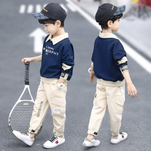 Cool Pan Bear Boys' Suit Autumn Clothing 2020 New Korean Children's Suit Large Children's Sweater Overalls Casual Suit Fashionable and Western-style Little Boy Sports Two-piece Set Trendy 3 to 14 Navy Blue 130 Size Recommended Height of About 1.2 Meters