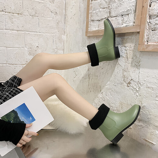 雨靴女时尚百搭雨鞋短筒防雨防滑水靴低帮成人外穿水鞋保暖防水鞋 绿色 36