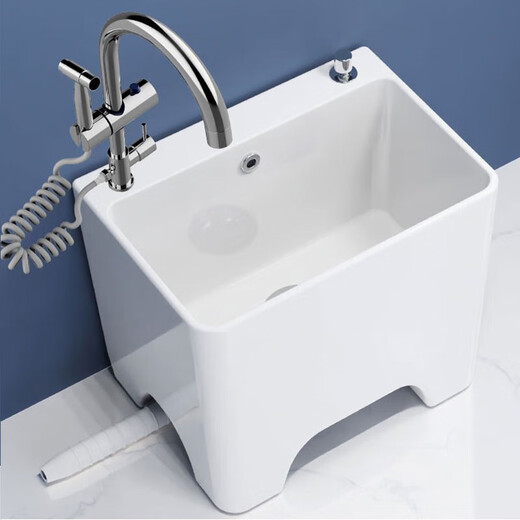 Darv Mop Pool Home Balcony Ceramic Washing Large Outdoor All-in-One Mop Pool High Legs with Holes Sitting Faucet Floor Basin J-T4 Desktop Controlled Water + Universal Faucet - 2 models in the picture