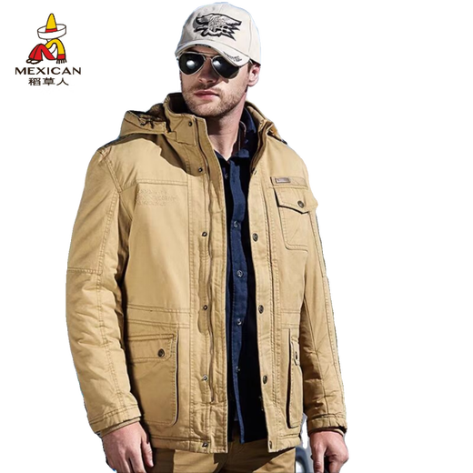 Scarecrow see exhibition car winter mid-length cotton coat men's lamb wool lining jacket cotton jacket plus velvet thickened men's jacket khaki M 110-120Jin Jin is equal to about 0.5 kg