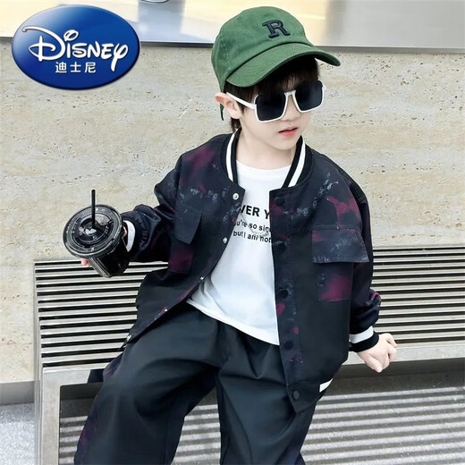 Disney (Disney) boys' autumn handsome baseball uniform suit new small and medium-sized children's street spring and autumn jacket sports two pieces black 150 yards