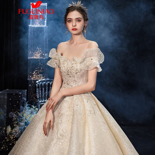 Fuguiniao light luxury high-end starry sky main wedding dress new bride French light temperament one-shoulder large tail with floor-length ruffles floor-length style (with head skirt support) XL