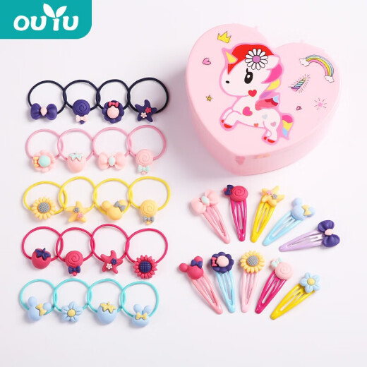 Ouyu children's hair accessories gift box 50-piece set baby hairpin headdress little girl birthday gift girls hair rope kindergarten rubber band small grabber hair tie set B1244 unicorn gift box