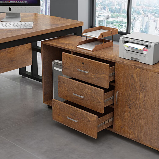 Rusen Office Boss Desk Manager Desk Leadership Office Desk and Chair Combination Modern Simple Single Computer Desk Black Frame + Golden Oak Color 160*60 Table + Side Cabinet